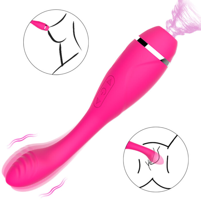 This is a pink adult toy with a stylish design and multiple features. The toy has a curved main shaft specifically designed for internal and G-spot stimulation. The top is textured to enhance stimulation and features a suction function specifically designed for clitoral and nipple stimulation. The middle of the toy has a control button for adjusting various vibration and suction modes and intensities. Inset images show the toy being used on the clitoris and nipples, highlighting its versatility. Vibrating and suction lines are depicted around the toy to emphasize its powerful vibration and suction capabilities. The overall design is ergonomic and easy to hold, aimed at enhancing sexual pleasure through its multiple stimulation functions.