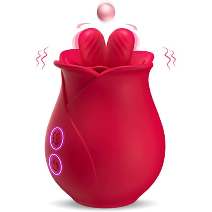 The Romeo Rose Double Tongue Licking Vibrator is a red, rose-shaped personal massager featuring petal-like structures that vibrate with a small ball hovering above, implying motion. It has two glowing buttons on the side for control.