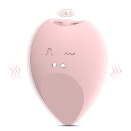 A soft pink, leaf-shaped Beauty egg vibrator with two small circular buttons near the center. The device features a one-sided winking face design and emits lines indicating vibrations, ideal for female masturbation and tongue-licking stimulation.