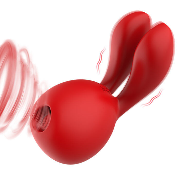 This is a red adult toy with a unique design and multiple features. One end of the toy has a circular suction mouth specifically designed for clitoral and nipple suction stimulation. The other end features two forked, rabbit ear-shaped flexible extensions for vibrating stimulation. The image shows the suction effect at the suction mouth and the vibration effect at the rabbit ear parts, highlighting its versatility. The overall design is ergonomic and easy to hold, aimed at enhancing sexual pleasure through its unique suction and vibration functions.