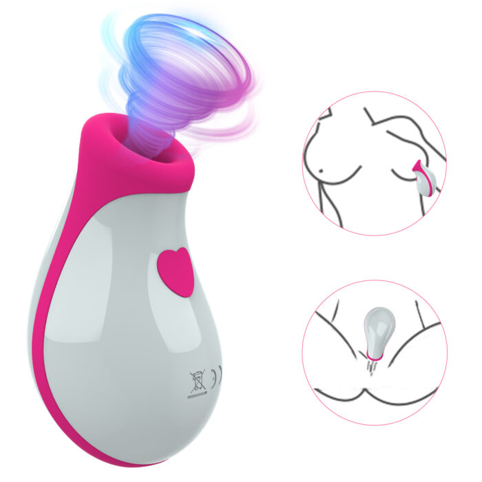 This is a pink and white adult toy with a modern design and multiple features. The top of the toy has a circular suction mouth specifically designed for clitoral and nipple suction stimulation. The body of the toy is curved for easy grip and features a pink heart-shaped button for adjusting various suction modes and intensities. Inset images show the toy being used on the nipples and clitoris, highlighting its versatility. The overall design is ergonomic and aims to enhance sexual pleasure through its unique suction function.