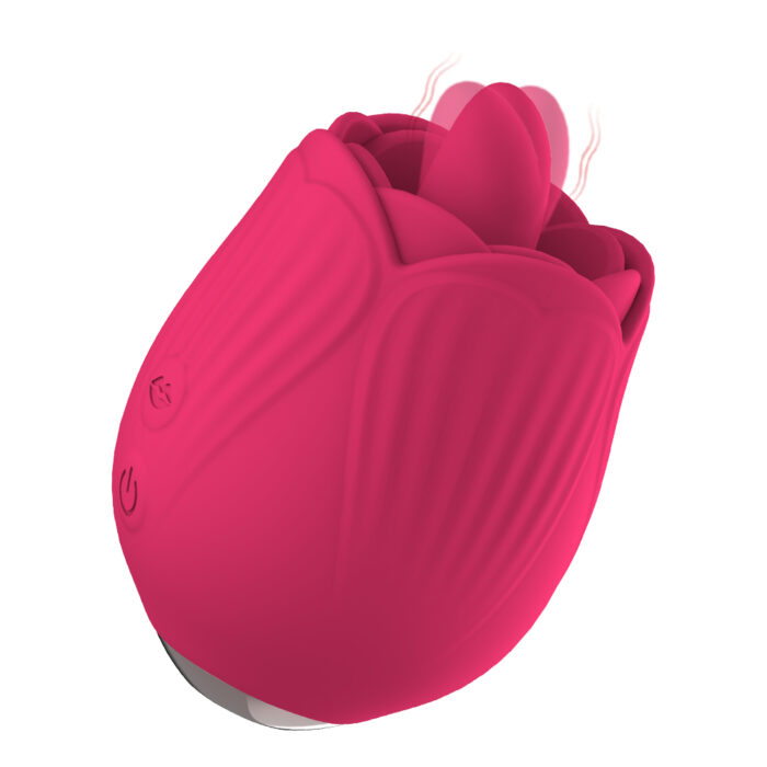 This is a pink adult toy designed in the shape of a rose. The top petal section features a small tongue-like structure specifically designed for clitoral and nipple stimulation. The base has control buttons for adjusting various vibration modes and intensities. The overall design is compact and elegant, easy to hold, and aims to enhance sexual pleasure through its unique shape and multiple stimulation functions.