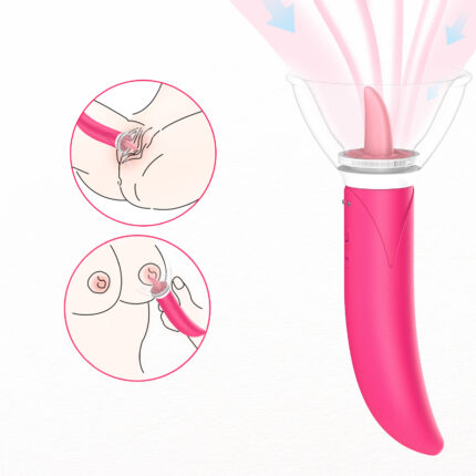 This is a pink adult toy with a unique design and multiple stimulation functions. The toy features a slightly curved main shaft with a wider base for easy grip and maneuverability. The top has a transparent cup containing a small tongue-like structure specifically designed for clitoral and nipple stimulation. The insets show the toy being used on different areas, including the clitoris and nipples. The toy also includes G-spot stimulation capabilities, providing a comprehensive pleasure experience. The overall design is ergonomic and easy to hold, aimed at enhancing sexual pleasure through its multiple stimulation functions.