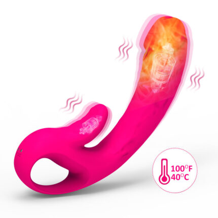 The Inspur 3rd Generation 10 Frequency Heating Masturbation Vibrator Tongue Licking Vibrator for females is a pink, curved adult toy with a handle, designed for pleasurable use. The toy features heat and vibration functions, illustrated by flames and vibrating lines along its surface, and includes a temperature icon indicating it can reach 100°F (40°C).