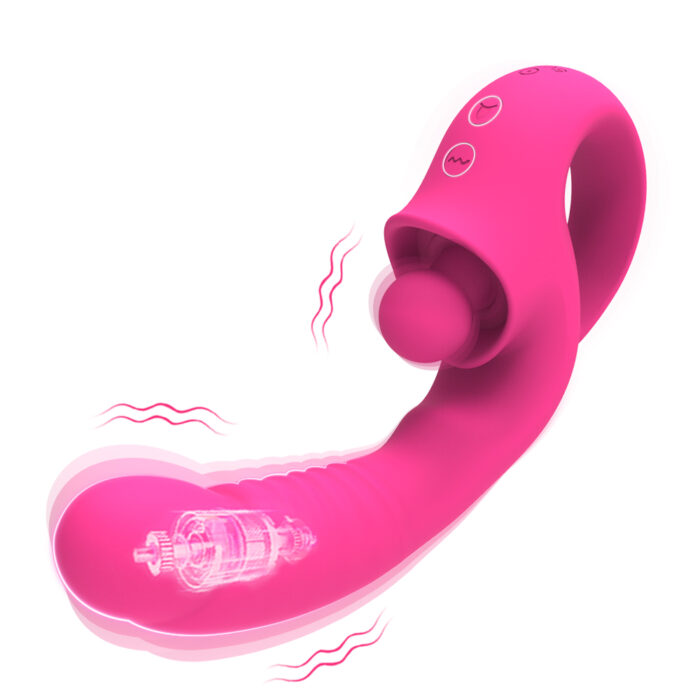 Introducing the Sucking Sex Toy, a vibrant pink vibrator designed for dual stimulation with intuitive vibrating symbols showcasing its functionality. It boasts a powerful motor in the rounded tip and features control buttons on its flexible, curved handle for effortless adjustment, offering multiple sucking and vibration modes. This adult sex toy is also waterproof, ensuring versatile use for clitoral and nipple stimulation with minimal noise.