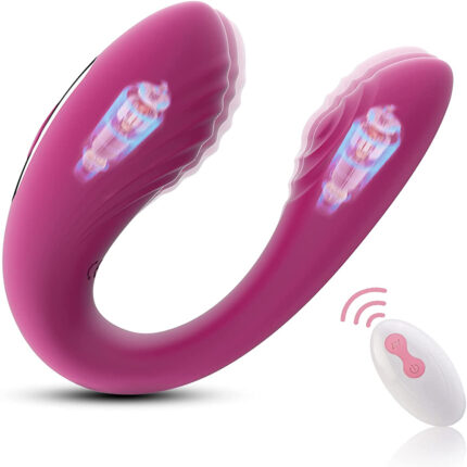 An Intense Finger Vibrator for Couples, designed for powerful sexual stimulation, is featured. It is a pink, curved, double-ended personal massager with swirling internal mechanisms. The package includes a white wireless remote control with pink buttons. The device is shown vibrating to demonstrate its functionality.