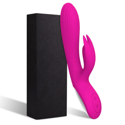 This is a rose Red adult toy with a modern design and multiple features. The toy features a textured, curved main shaft specifically designed for internal and G-spot stimulation, along with a flexible rabbit ear-shaped extension for clitoral stimulation. It is USB rechargeable, water-resistant, and has a runtime of 90 minutes. The toy offers multiple speed and function options and has a soft touch for added comfort and versatility. Inset images highlight various features of the toy, such as multi-speed, multi-function, soft touch, water resistance, and charging method. The overall design is ergonomic, easy to hold, and intended to provide enhanced sexual pleasure through its dual stimulation functions.