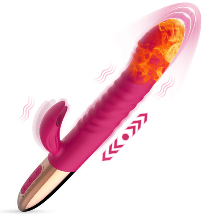 A pink, dual-headed vibrator from the Female Masturbator line is showcased against a white background. The design highlights its vibration and thrusting motion indicators, with graphic flames illustrating the heat function and wavy lines showing vibrations.