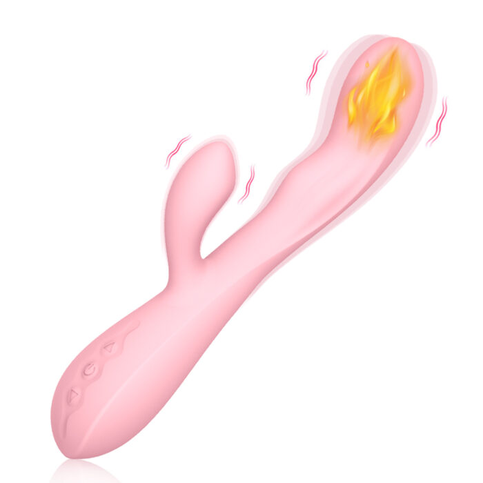 The Sex Toys G Spot Vibrators for Women, Personal Massagers Partner Toys for Adult Couples Pleasure is a pink, curved adult toy vibrator featuring a dual-stimulation design with two appendages and control buttons on the base. The larger appendage is adorned with a flame-like graphic and shown with vibration indicators, suggesting heat or intense sensation functionality.