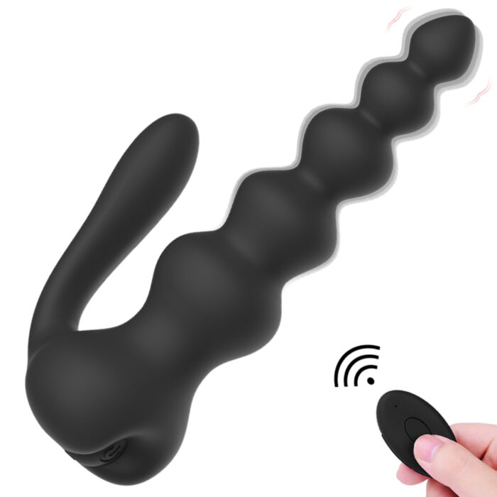 A compact black silicone finger vibrator characterized by varying sized beads and a curved attachment. The accompanying image depicts a hand holding a wireless remote control, suggesting that this mini vibrators bullet can be controlled remotely. Wavy lines in the illustration indicate its vibration functionality, making it ideal for G-spot, clitoral, nipple stimulation, as well as anal masturbation for women.