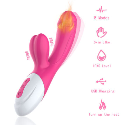 The GM-ZDB009, a pink dual-headed vibrator with a white base featuring control buttons, includes a flame icon at the head to indicate its heating functionality. Along the side, icons denote 8 modes, skin-like texture, IPXS level waterproofing, USB charging capabilities, and the slogan "Turn up the heat.