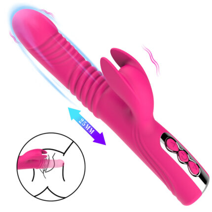 The product is a Female masturbator rotating vibrator USB magnetic charging retractable tongue licking adult device fun massage, featuring a pink rabbit-style design with a ribbed shaft and clitoral stimulator. The handle contains three control buttons. An inset diagram illustrates the device in action, with motion arrows highlighting its thrusting capability.