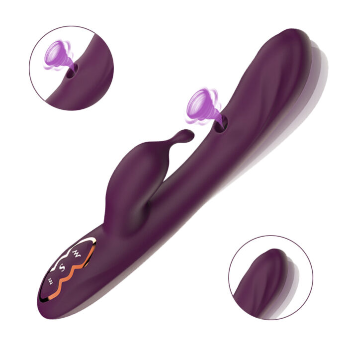 Introducing the "Sex Toys G Spot Vibrators for Women, Personal Massagers Partner Toys for Adult Couples Pleasure" – a purple adult toy with a sleek, curved design. It features a convenient suction cup at one end and boasts a textured, curved shaft. Equipped with multiple control buttons and adorned with an elegant decorative design near the base, this vibrator is perfect for intimate play. Two close-up insets highlight its key features for added detail.