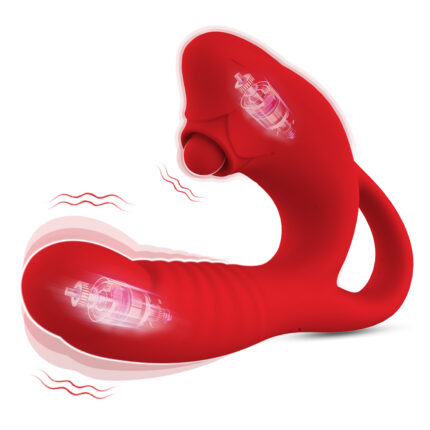 This is a red adult toy with a sleek and ergonomic design. It features a curved shape with two distinct sections. The larger section has a rounded, ridged surface, specifically designed for G-spot stimulation, and includes visible internal motors that indicate vibration functionality. The smaller, bulbous section is positioned to provide external stimulation, also equipped with an internal motor for vibrating effects. The toy has a flexible loop handle for easy maneuverability. Vibrating lines are illustrated near the toy to emphasize its vibrating capabilities. The overall design is user-friendly, aimed at enhancing sexual pleasure with dual stimulation.