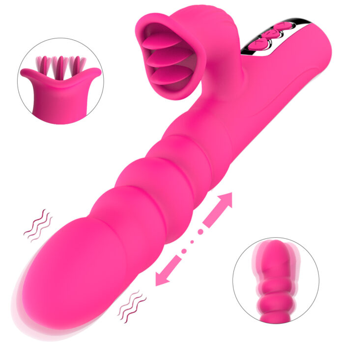 This is a pink adult toy with a smooth texture and unique design. The main shaft is wavy with multiple round ridges for added stimulation. The top features a petal-shaped structure with multiple layered ridges inside, designed to mimic a licking tongue for enhanced sexual pleasure. On one side of the toy, there is a black control panel with several buttons to adjust various vibration modes and intensities. The top left inset shows a detailed view of the petal structure, while the bottom right inset illustrates the vibrating effect of the wavy main shaft. The overall design is ergonomic, easy to hold, and suitable for personal use, providing a variety of pleasurable experiences.