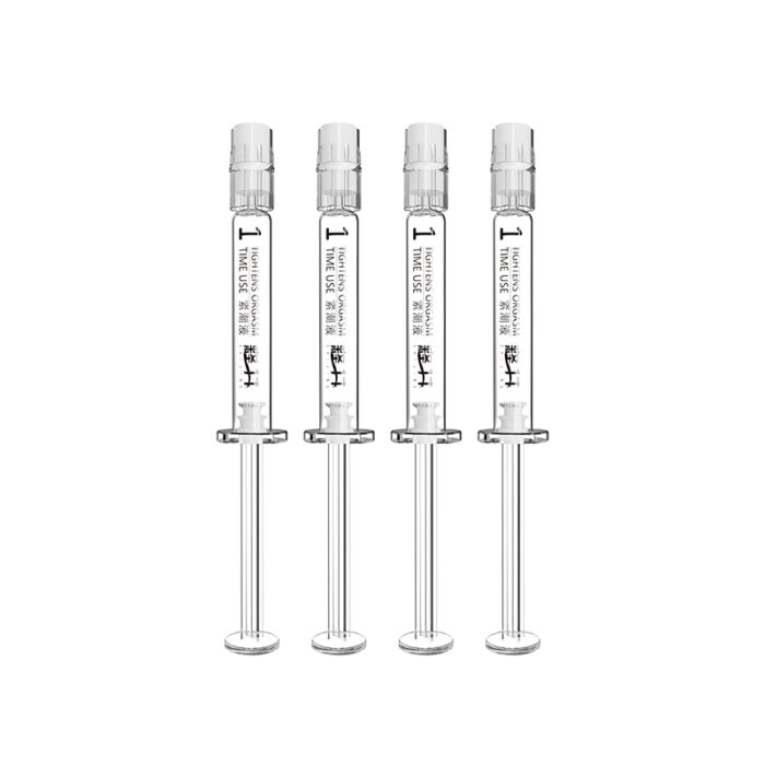 Image shows four Shui Light Therapy Gel For Women syringes, aligned vertically in a row. Each syringe is partially filled with a clear liquid and has readable text printed on the side. The plungers are at the bottom, and the needle caps are securely fastened at the top.