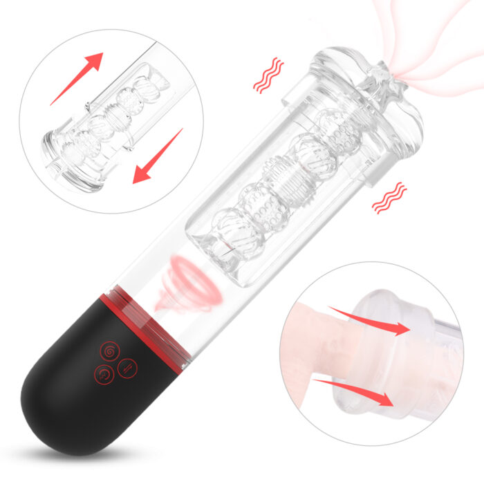 Introducing the Automatic Male Masturbator, Male Sex Toy with Squeezing Modes, Suctions & Vibrations. This transparent cylindrical device boasts a sleek black base and features a textured inner sleeve for added stimulation. Operated by intuitive push-button controls, it offers both vibrating and suction effects, highlighted by red icons and arrows in the inset images that depict close-ups of the interior texture and direction of movement.