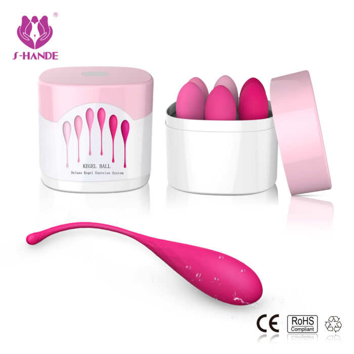 Image of the Bullet Vibrator with Remote Control for G Spot Stimulation by S-HANDE. The set includes a white and pink container with an open lid revealing several silicone vibrating eggs, along with a single, individual pink love ball on display. Various certification logos are shown at the bottom.