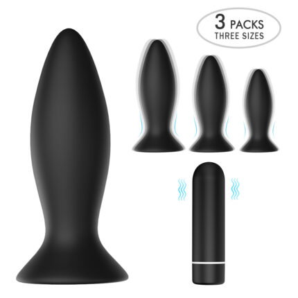 Image showcasing the "Sex Toys for Men Prostate Massager, Adult Toys Butt Plug Vibrating Rotation Mode, Anal Plug Mens Sex Toy, Anal Toys Vibrator Mens Sex Toys ROAR," featuring a set of three black silicone butt plugs in varying sizes and a small black vibrating bullet. The text "3 Packs Three Sizes" is displayed in a speech bubble on the top right corner. The plugs are shown standing upright and aligned by size.