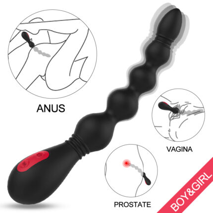 An image displays the Vibrating Pull Bead Anal Vibrator (SHD-S166) from Vins, a black, flexible silicone massager with multiple stimulation beads and a red control button. Suitable for both men and women, it is USB rechargeable. Diagrams inset illustrate its use for anus, vagina, and prostate. The text reads "BOY&GIRL".