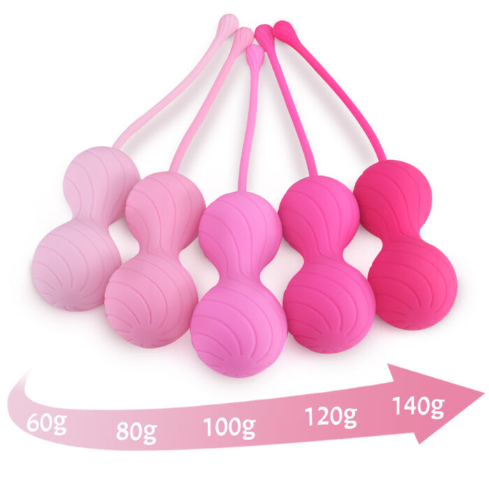 An image displaying five sets of the Remote Control Vibrating Egg Sex Toys, each set in different shades of pink silicone. The sets are arranged from left to right with weights labeled as 60g, 80g, 100g, 120g, and 140g. An arrow beneath them indicates the weight progression.