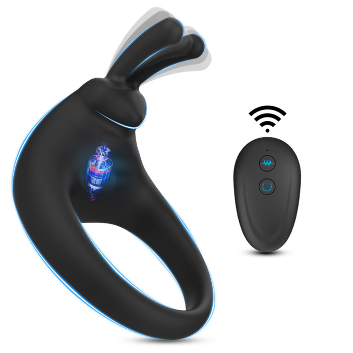 An image of the Locking Ring for male use, featuring a black vibrating ring with two flexible, rabbit ear-like protrusions and glowing blue accents. It comes with a small, black wireless remote that includes three blue buttons, one of which has a power symbol and another with a wave design.