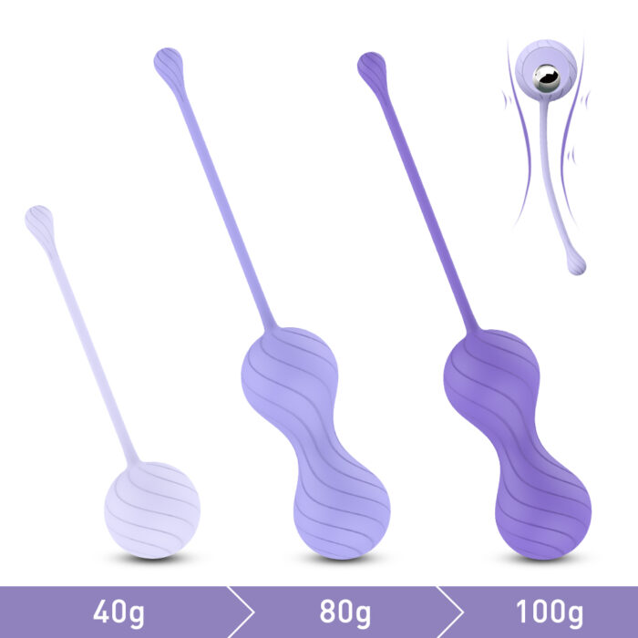 Image showing three purple Bullet Vibrators with Remote Control for G Spot Stimulation in varying sizes, each labeled with a different weight: 40g, 80g, and 100g, arranged from smallest to largest. To the right, a stylized spiral illustration demonstrates the motion of these wearable vibrating eggs.