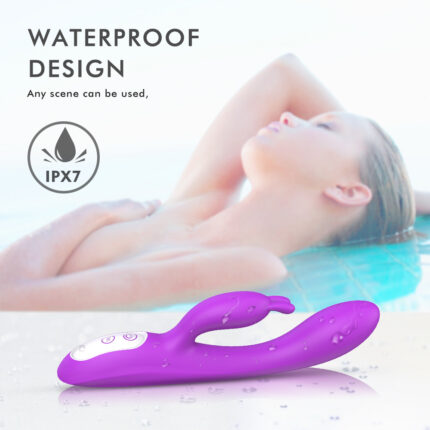 A purple, waterproof G spot vibrator called "Sex Toys, Vibrators for Women G Spot Vibrator" is displayed with water droplets on it. In the background, a relaxed person is shown lounging in a pool. Text on the image reads "WATERPROOF DESIGN IPX7 - Any scene can be used.