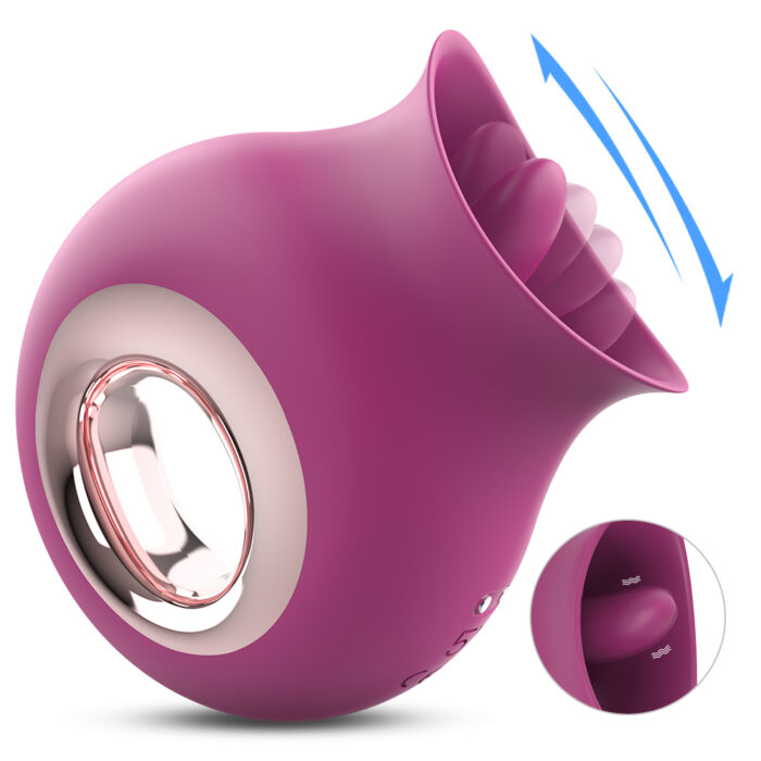 A purple, handheld "Adult Sex Toys Dildo Sucking Vibrator - Clitoris Stimulator Sucking & Vibrating Modes for Women Clitoral Nipple" device features a circular, open-ended design with a small metallic ring on the side. The top has an open, petal-like structure with blue arrows indicating movement. A zoomed-in inset highlights buttons labeled "suck" and "stroke".