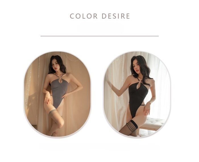 Two circular images depict a woman modeling the Sexy Lingerie collection. In the left image, she wears a gray strappy one-piece swimsuit, while in the right image, she sports a black strappy bodysuit paired with matching thigh-high stockings. With her long, wavy dark hair, she poses against a softly lit backdrop in both photographs.