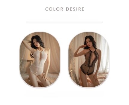 Two images side-by-side showcasing women's lace lingerie from "Color Desire." The left features a woman in Sexy Lingerie with sexy patterns, passionate temptation, open crotch, no need to take off, halter neck jumpsuit set in white lace bodysuit posing with one arm up behind her head. The right shows the same woman in the same sexy halter neck jumpsuit set but in black lace, striking a similar pose by a mirror.