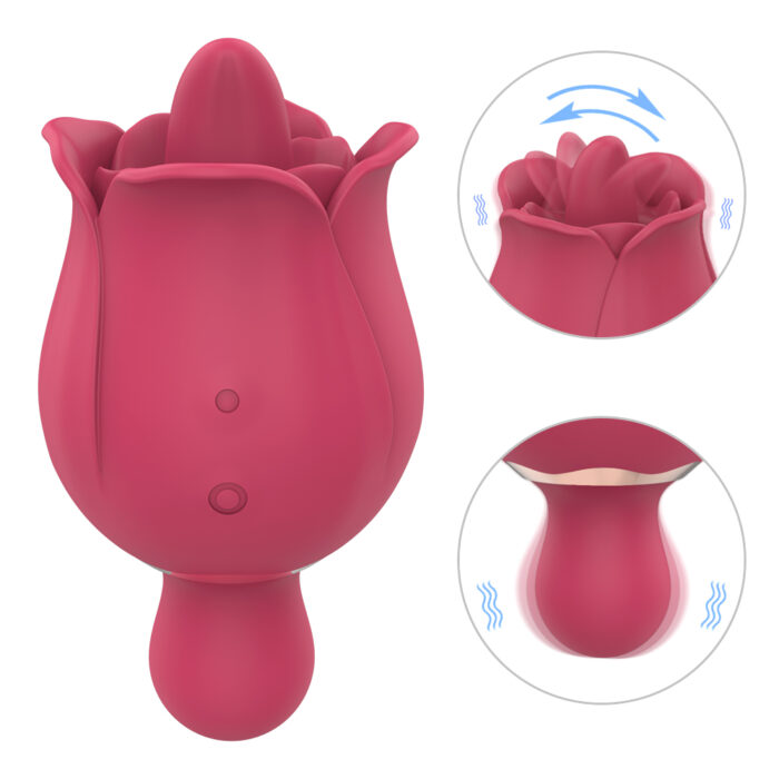 A pink rose-shaped personal massager with a curved tip and a button on its base. The image also displays close-up views showing its motion and vibration features.