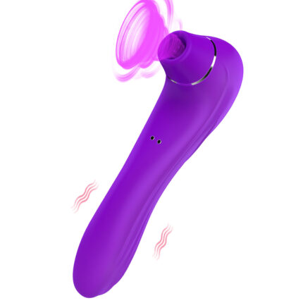 This is a purple adult toy with a modern and multifunctional design. One end of the toy features a suction mouth specifically designed for clitoral and nipple stimulation, providing strong suction effects. The main body also has a vibration function for additional external stimulation. The image showcases the suction and vibration effects, highlighting its versatility and powerful performance. The overall design is ergonomic and easy to hold and maneuver, aimed at enhancing sexual pleasure through its multiple stimulation functions.