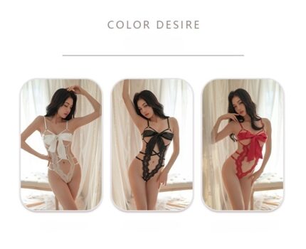 An image of three "New sexy lingerie, sexy suspenders, hollow straps and bowknot one-piece pajamas, uniform temptation" outfits in different colors, modeled by a person. The left outfit is white, the middle outfit is black, and the right outfit is red. All outfits feature intricate lace designs and bow accents. The text above the image reads "Color Desire".