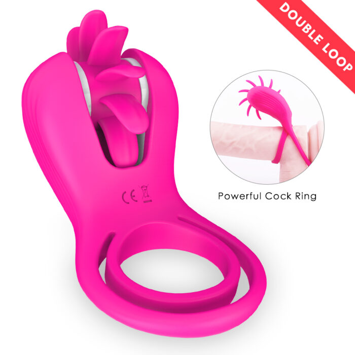 Introducing the "New Style Rotating Tongue Female QXE Vibration Ring for Men," a vibrant and intricately-designed silicone double-loop cock ring in bright pink. The top loop features a multi-textured surface for enhanced stimulation, with a cutout showcasing the ring in action and highlighting its 'Powerful Cock Ring' feature. Titled "Double Loop" in a striking red corner banner, this product offers both style and functionality.