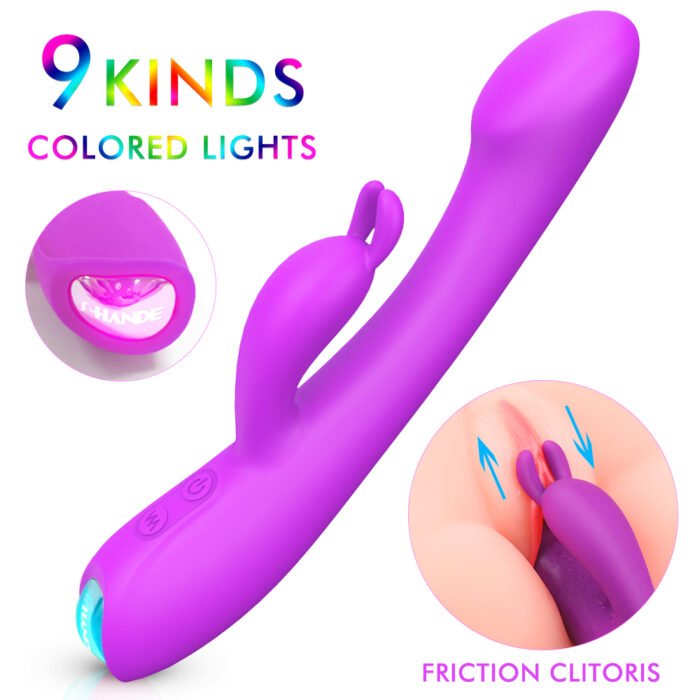 A purple dual vibrator with a curved design and a smaller clitoral stimulator. It features 9 colored lights and control buttons on its base. Insets highlight the light feature and its usage on the clitoris. The text reads "9 KINDS COLORED LIGHTS" and "FRICTION CLITORIS.