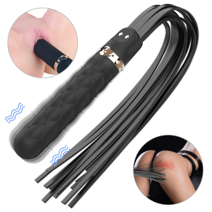 A black, textured handle flogger with multiple tails is shown. Inset images display the flogger being used on a person's tongue and buttocks, depicting its applications. The handle has a power button and gold accents. The background is plain white.