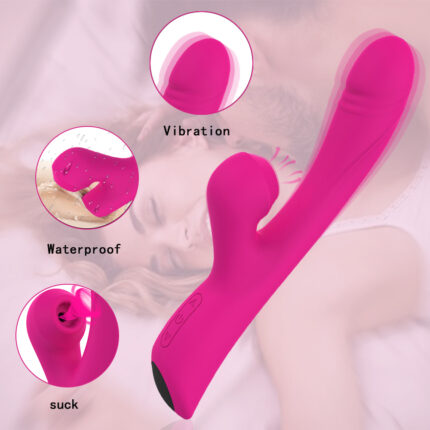 This is a pink adult toy with a modern and multifunctional design. The toy features a curved tip on the main shaft specifically designed for internal vibration stimulation. The middle part has a suction mouth specifically designed for clitoral and nipple suction stimulation, providing strong suction effects. The toy is waterproof, making it suitable for use in various environments. The image showcases the toy's vibration, suction, and waterproof capabilities, highlighting its multifunctionality and powerful performance. The overall design is ergonomic and easy to hold, aimed at enhancing sexual pleasure through its multiple stimulation functions.