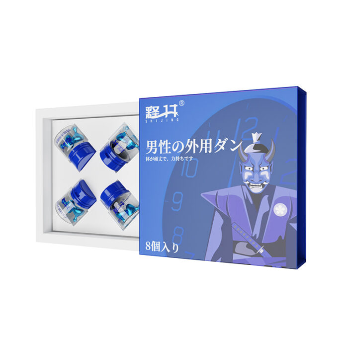 A product set consisting of four small glass jars displayed in a white plastic tray on the left, accompanied by a blue box with Japanese text and an illustration of a character in traditional attire on the right. The box text and imagery suggest it is part of the "Erotic Healthcare Products: 8-Piece Set of Physiological Source Release External Use Extended Controlled Time Gel Pills and External Use Sustained Controlled Time Gel for Men," indicating it's related to health or wellness.