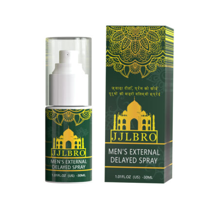 An image of the Indian Divine Oil Delay Spray. The product features a green and gold design with an intricate mandala pattern and an illustration of the Taj Mahal on both the spray bottle and packaging box. The bottle is 1.01 FL OZ (30 mL).