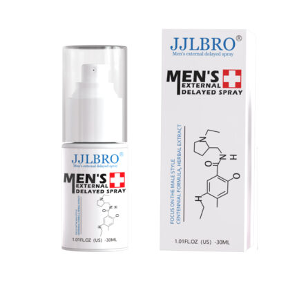 Image of a men's delay spray product. The bottle on the left with a clear cap, labeled "JJLBRO Repair Type Delay Spray" and a box on the right also labeled "JJLBRO Repair Type Delay Spray" with some chemical diagram illustrations. Contains 30ml.