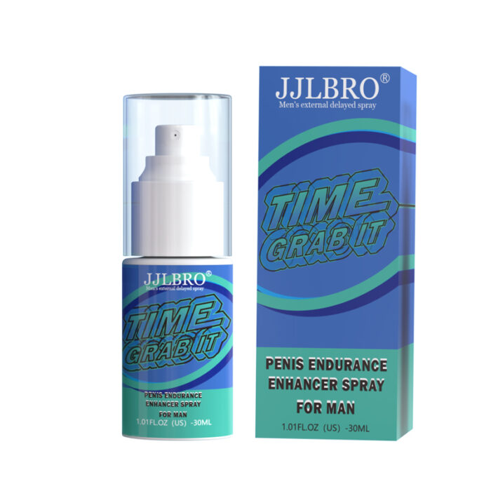 A product image of the TIME Delay Spray labeled "Time Grab It." The spray bottle is white with a blue and green label, complemented by matching packaging. The text reads "Penis Endurance Enhancer Spray for Man" and specifies the volume as 1.01 FL OZ (30ML).