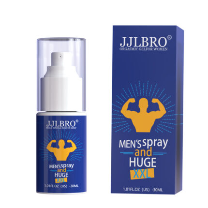 A blue bottle labeled "HUGE XXL Delay Spray" shows an image of a flexing muscular figure. It is displayed next to its matching box, which features the brand name "JJLBRO" and similar design elements. The bottle contains 30ml of product.