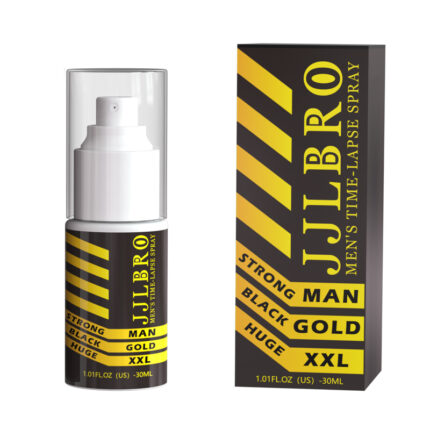 Image of GOLD Delay Spray for Men by JJL Bro. The spray bottle features a white and black color scheme with yellow text that reads "Strong Man," "Black Gold," "Huge XXL," and "JJL Bro." The packaging box shares these design elements, showcasing yellow stripes on a black background and indicating a volume of 30ml.