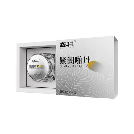 An open box displays a product called "Women's Pleasure Climax Gel Concentrate 12-Piece Pack Sexual Lubricant and Vaginal Moisturizing and Tightening and Climax Pill Concentrate Ball Adult Sexual Aids Women's Tightening Climax Pill Concentrate Ball (12-Piece Pack)," with Chinese characters on the packaging. The product is encased in a cylindrical, transparent container, and the box cover is white with a subtle circular design and silver text.