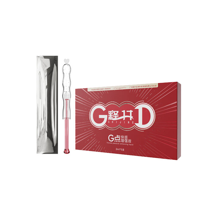 Image of a product packaging featuring a red box with "GOOD" written prominently on it, and Chinese text below. Next to the box is an elongated, transparent object with a heart-shaped top. The background is white. The product is named Female Orgasm Liquid 5-Pack Injection G-Spot Couples Sexual Pleasure Gel for Female Vaginal Moisturizing and Lubrication Adult Sexual Aids Female Orgasm Gel [1 Box].