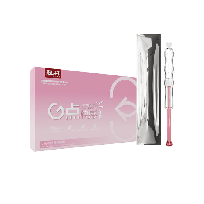 Image displaying a pink and white cardboard box labeled in Chinese with a silhouette of a stylized figure. Next to it is a metallic foil-wrapped item and a transparent device featuring a pink base and heart-shaped handle, identified as the "Female Pleasure Gel Disposable Female Sex Lubricant for Intimate Moisturizing and Arousal Gel for Women Adult Sexual Aids Female Sexual Pleasure Gel (1ml*5).