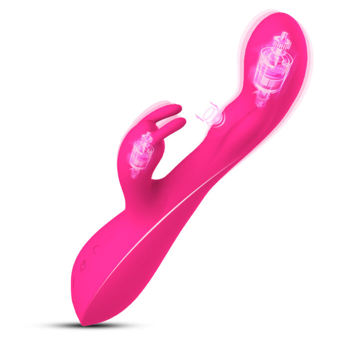 Introducing the Female Flirting Masturbator, a pink 10-frequency slap rabbit vibrator teasing stick designed for enhanced adult pleasure. This sleek, curved device features two visible internal motors and an ergonomically designed secondary protrusion for dual stimulation. The design showcases its intricate internal components and mechanisms.