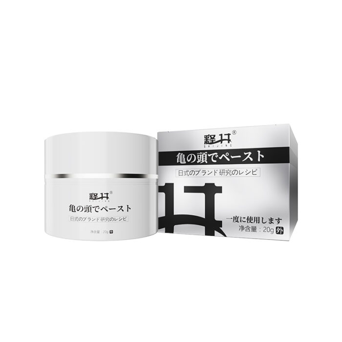 A white jar and box of Men's Sensitivity Relief Gel for Couples. The label and packaging feature Japanese characters and a minimalistic design, with black text on a white background. The jar contains 20ml of gel.