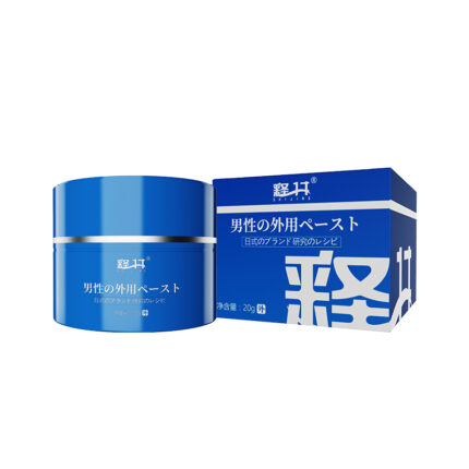 A blue jar of Men's Sensitivity Relief Cream for Couples and its matching blue and white box. The text on both the jar and the box is in Japanese. The jar has a screw-on lid, and the box features bold, white Japanese characters.